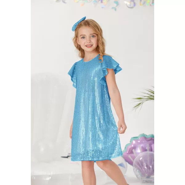 imageGRACE KARIN Girls Sequin Dress Short Flutter Sleeve Flare Silhouette Midi Dress with Hairbow 512YLight Blue