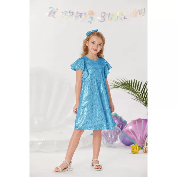 imageGRACE KARIN Girls Sequin Dress Short Flutter Sleeve Flare Silhouette Midi Dress with Hairbow 512YLight Blue