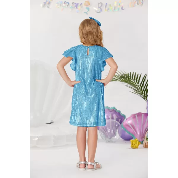 imageGRACE KARIN Girls Sequin Dress Short Flutter Sleeve Flare Silhouette Midi Dress with Hairbow 512YLight Blue