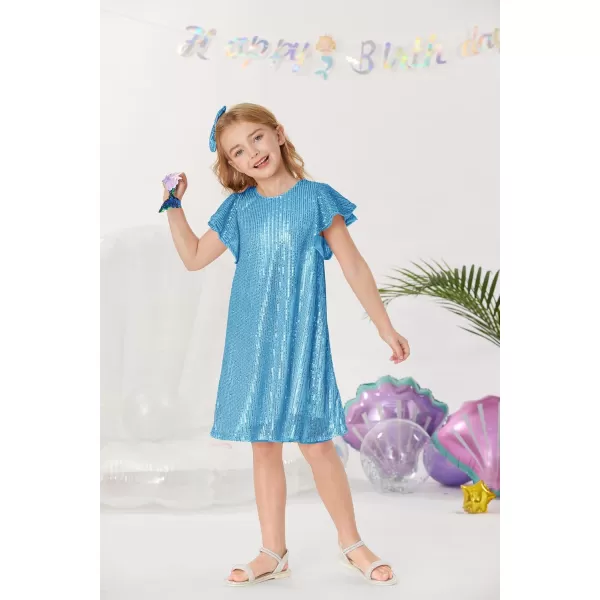 imageGRACE KARIN Girls Sequin Dress Short Flutter Sleeve Flare Silhouette Midi Dress with Hairbow 512YLight Blue