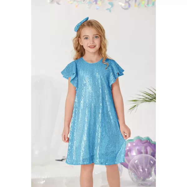 imageGRACE KARIN Girls Sequin Dress Short Flutter Sleeve Flare Silhouette Midi Dress with Hairbow 512YLight Blue