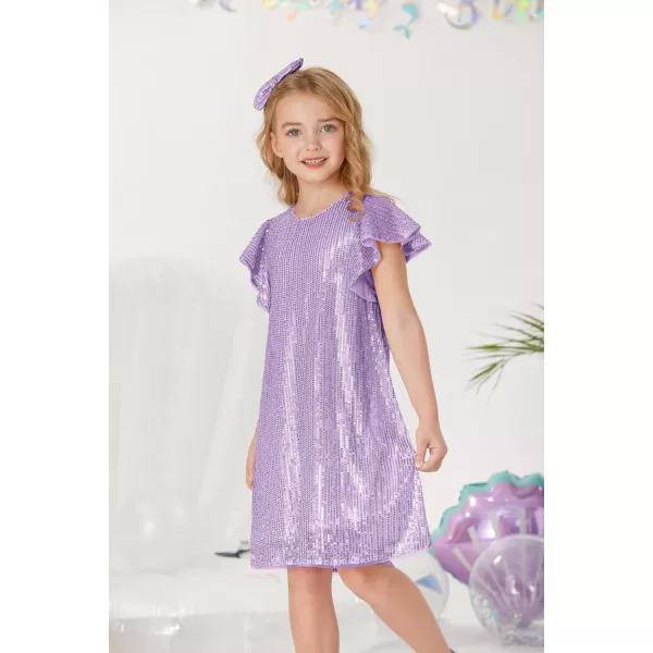 imageGRACE KARIN Girls Sequin Dress Short Flutter Sleeve Flare Silhouette Midi Dress with Hairbow 512YLight Purple