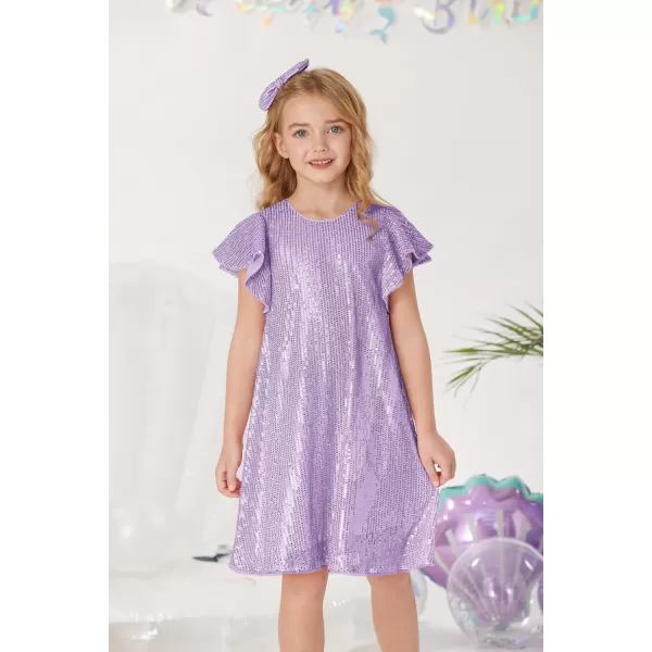 imageGRACE KARIN Girls Sequin Dress Short Flutter Sleeve Flare Silhouette Midi Dress with Hairbow 512YLight Purple