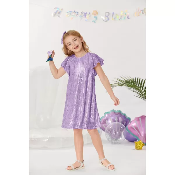 imageGRACE KARIN Girls Sequin Dress Short Flutter Sleeve Flare Silhouette Midi Dress with Hairbow 512YLight Purple