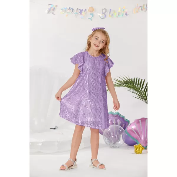 imageGRACE KARIN Girls Sequin Dress Short Flutter Sleeve Flare Silhouette Midi Dress with Hairbow 512YLight Purple
