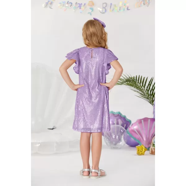imageGRACE KARIN Girls Sequin Dress Short Flutter Sleeve Flare Silhouette Midi Dress with Hairbow 512YLight Purple