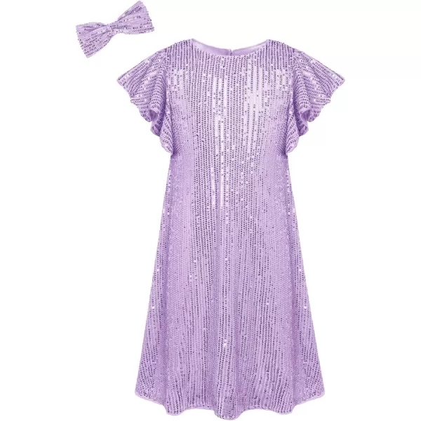 imageGRACE KARIN Girls Sequin Dress Short Flutter Sleeve Flare Silhouette Midi Dress with Hairbow 512YLight Purple