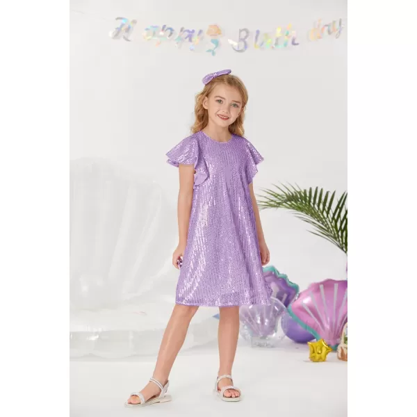 imageGRACE KARIN Girls Sequin Dress Short Flutter Sleeve Flare Silhouette Midi Dress with Hairbow 512YLight Purple