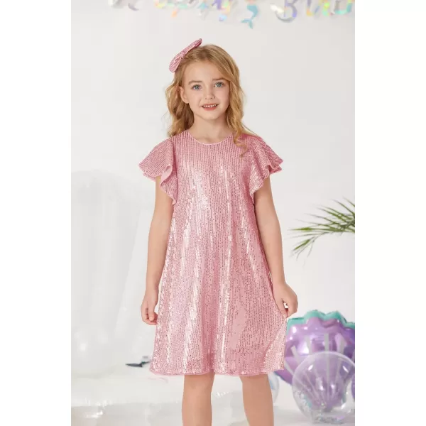 imageGRACE KARIN Girls Sequin Dress Short Flutter Sleeve Flare Silhouette Midi Dress with Hairbow 512YPink