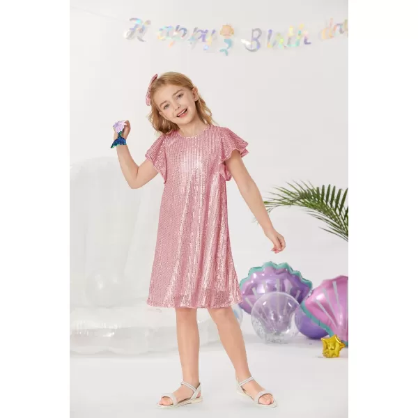 imageGRACE KARIN Girls Sequin Dress Short Flutter Sleeve Flare Silhouette Midi Dress with Hairbow 512YPink