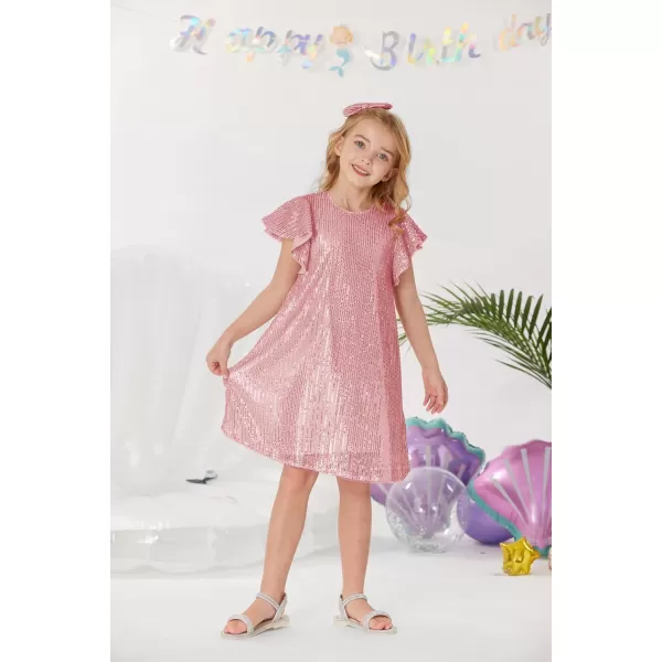 imageGRACE KARIN Girls Sequin Dress Short Flutter Sleeve Flare Silhouette Midi Dress with Hairbow 512YPink