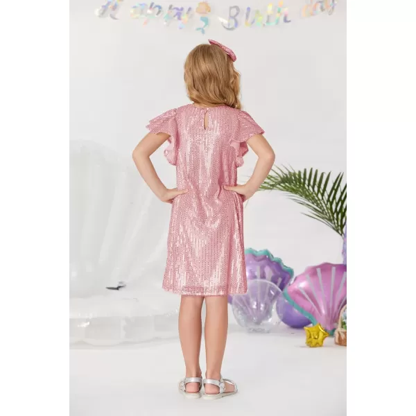 imageGRACE KARIN Girls Sequin Dress Short Flutter Sleeve Flare Silhouette Midi Dress with Hairbow 512YPink