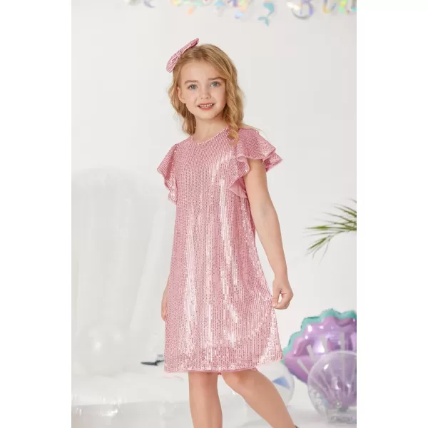 imageGRACE KARIN Girls Sequin Dress Short Flutter Sleeve Flare Silhouette Midi Dress with Hairbow 512YPink