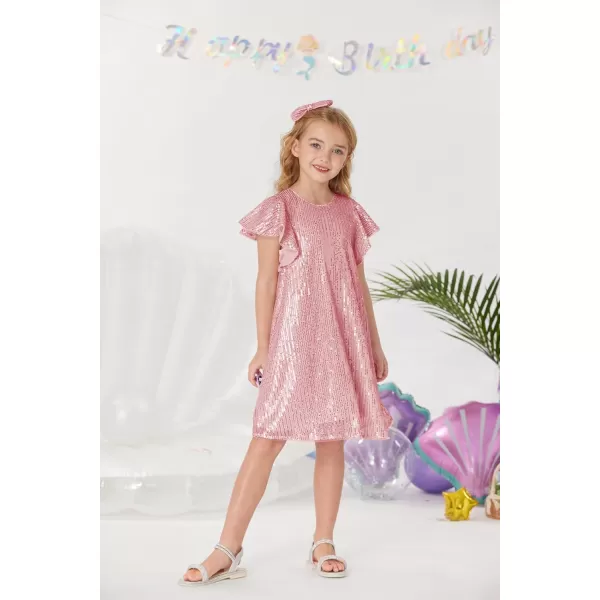 imageGRACE KARIN Girls Sequin Dress Short Flutter Sleeve Flare Silhouette Midi Dress with Hairbow 512YPink