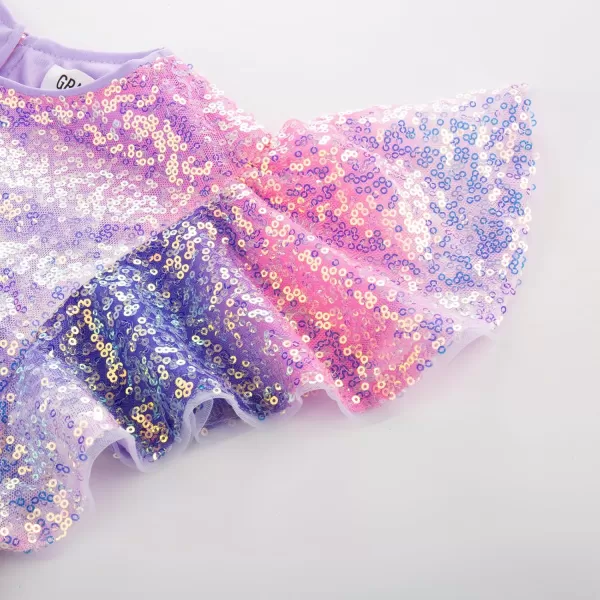 imageGRACE KARIN Girls Sequin Dress Short Flutter Sleeve Flare Silhouette Midi Dress with Hairbow 512YPurple Rainbow