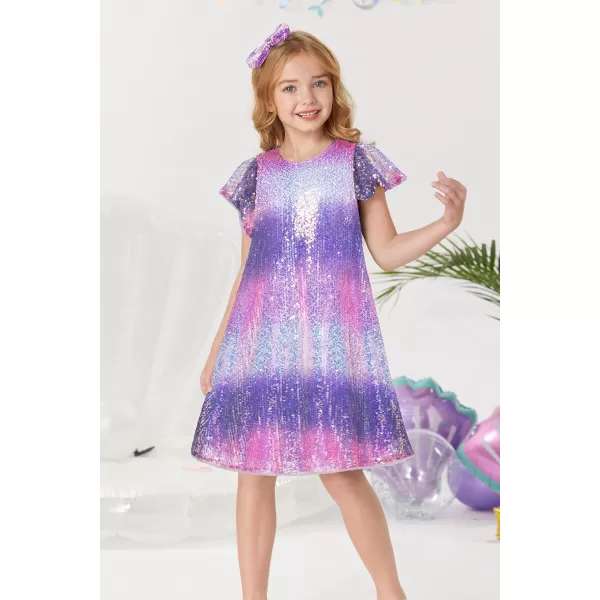 imageGRACE KARIN Girls Sequin Dress Short Flutter Sleeve Flare Silhouette Midi Dress with Hairbow 512YPurple Rainbow