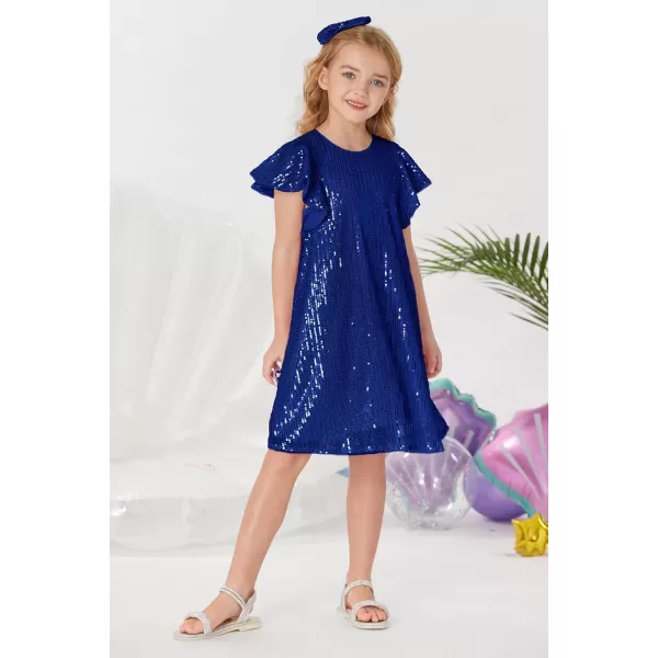 imageGRACE KARIN Girls Sequin Dress Short Flutter Sleeve Flare Silhouette Midi Dress with Hairbow 512YRoyal Blue