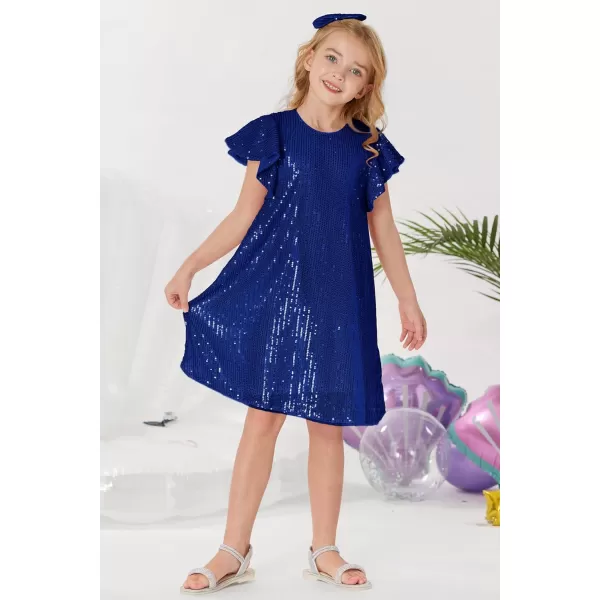 imageGRACE KARIN Girls Sequin Dress Short Flutter Sleeve Flare Silhouette Midi Dress with Hairbow 512YRoyal Blue