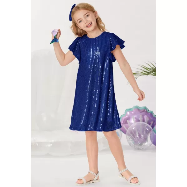 imageGRACE KARIN Girls Sequin Dress Short Flutter Sleeve Flare Silhouette Midi Dress with Hairbow 512YRoyal Blue