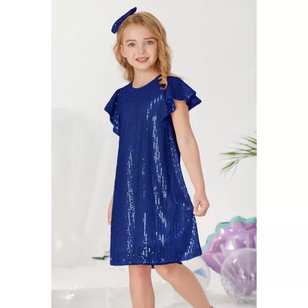 imageGRACE KARIN Girls Sequin Dress Short Flutter Sleeve Flare Silhouette Midi Dress with Hairbow 512YRoyal Blue