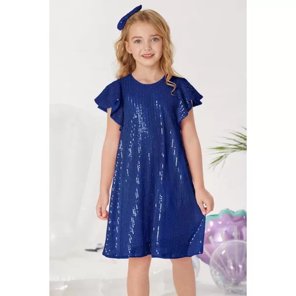 imageGRACE KARIN Girls Sequin Dress Short Flutter Sleeve Flare Silhouette Midi Dress with Hairbow 512YRoyal Blue