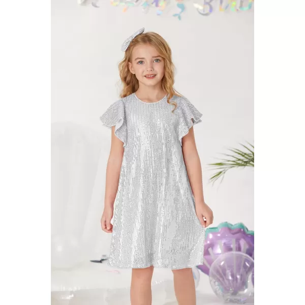 imageGRACE KARIN Girls Sequin Dress Short Flutter Sleeve Flare Silhouette Midi Dress with Hairbow 512YSilver
