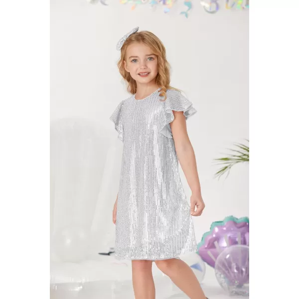 imageGRACE KARIN Girls Sequin Dress Short Flutter Sleeve Flare Silhouette Midi Dress with Hairbow 512YSilver