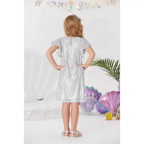 imageGRACE KARIN Girls Sequin Dress Short Flutter Sleeve Flare Silhouette Midi Dress with Hairbow 512YSilver