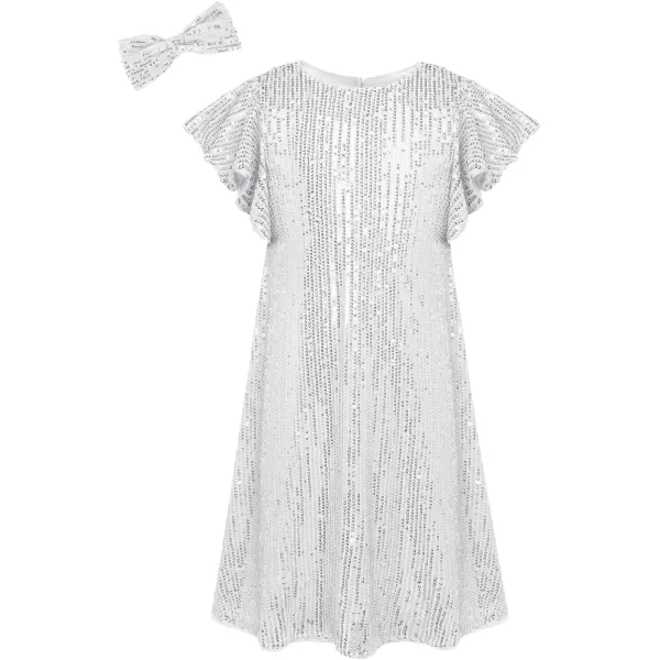 imageGRACE KARIN Girls Sequin Dress Short Flutter Sleeve Flare Silhouette Midi Dress with Hairbow 512YSilver