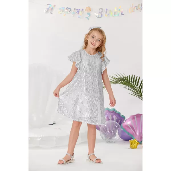 imageGRACE KARIN Girls Sequin Dress Short Flutter Sleeve Flare Silhouette Midi Dress with Hairbow 512YSilver