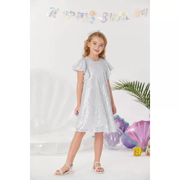 imageGRACE KARIN Girls Sequin Dress Short Flutter Sleeve Flare Silhouette Midi Dress with Hairbow 512YSilver