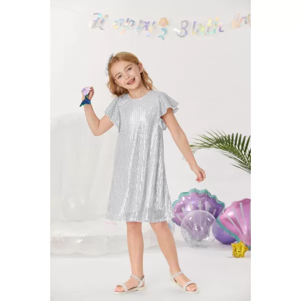 imageGRACE KARIN Girls Sequin Dress Short Flutter Sleeve Flare Silhouette Midi Dress with Hairbow 512YSilver