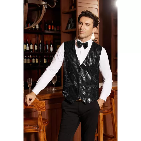 imageGRACE KARIN Mens Sequin Vest Slim Fit Shiny Dress Waistcoat Bowtie Set for Wedding Prom PartyBlack