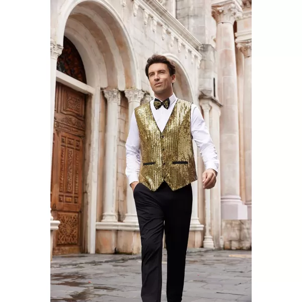 imageGRACE KARIN Mens Sequin Vest Slim Fit Shiny Dress Waistcoat Bowtie Set for Wedding Prom PartyGold