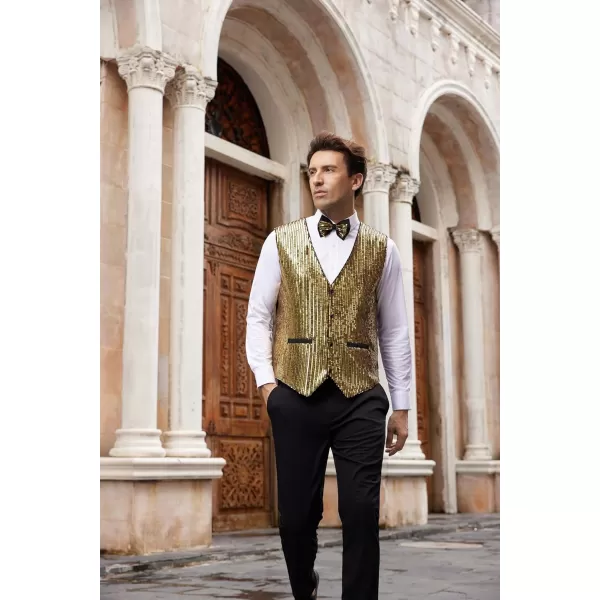 imageGRACE KARIN Mens Sequin Vest Slim Fit Shiny Dress Waistcoat Bowtie Set for Wedding Prom PartyGold