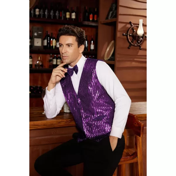 imageGRACE KARIN Mens Sequin Vest Slim Fit Shiny Dress Waistcoat Bowtie Set for Wedding Prom PartyPurple