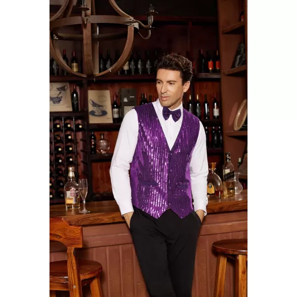 imageGRACE KARIN Mens Sequin Vest Slim Fit Shiny Dress Waistcoat Bowtie Set for Wedding Prom PartyPurple