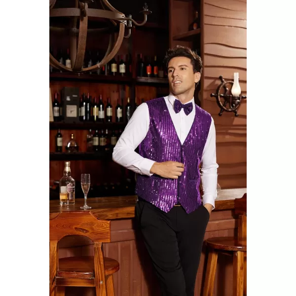 imageGRACE KARIN Mens Sequin Vest Slim Fit Shiny Dress Waistcoat Bowtie Set for Wedding Prom PartyPurple