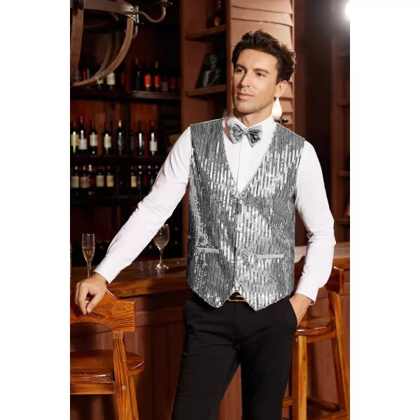 imageGRACE KARIN Mens Sequin Vest Slim Fit Shiny Dress Waistcoat Bowtie Set for Wedding Prom PartySilver