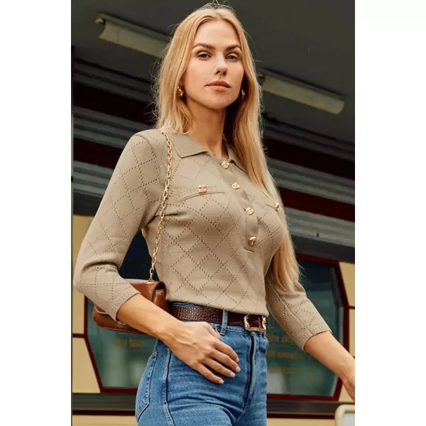 imageGRACE KARIN Sweaters for Women 34 Sleeve Polo Gold Button Knit Tops Slim Fitted Casual Work Collared Pullover SweatersKhaki