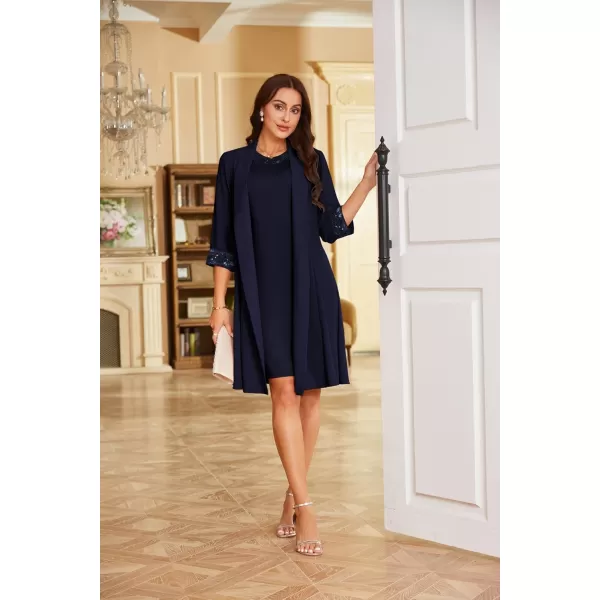 imageGRACE KARIN Womens 2 Pieces Mother of The Bride Dresses for Wedding Knee Length Chiffon Dress with 34 Sleeve Long JacketNavy Blue