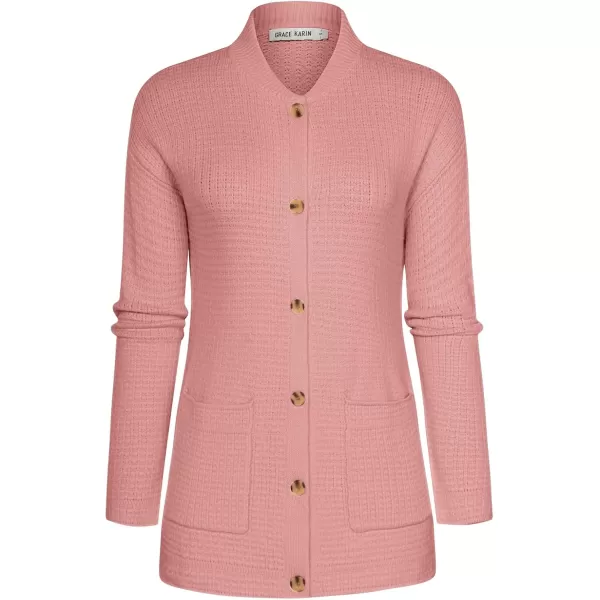 imageGRACE KARIN Womens 2024 Fall Long Sleeve Waffle Knit Cardigan Sweater Open Front Cardigan Button Loose Outerwear SXXLPink