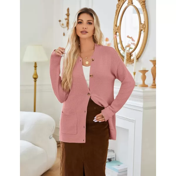 imageGRACE KARIN Womens 2024 Fall Long Sleeve Waffle Knit Cardigan Sweater Open Front Cardigan Button Loose Outerwear SXXLPink