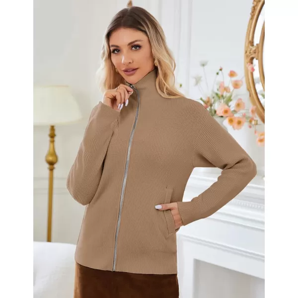 imageGRACE KARIN Womens 2024 Zip Up Cardigan Sweater Lapel Ribbed Knit Long Sleeve Sweater Jacket with Pockets Warm OutwearBrown