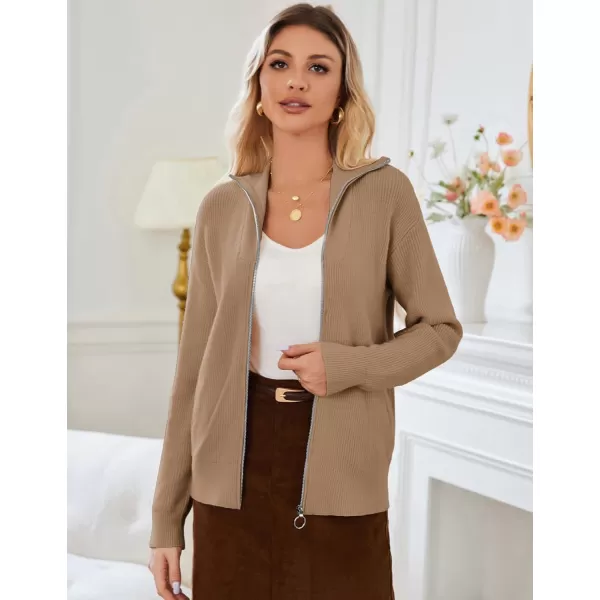 imageGRACE KARIN Womens 2024 Zip Up Cardigan Sweater Lapel Ribbed Knit Long Sleeve Sweater Jacket with Pockets Warm OutwearBrown