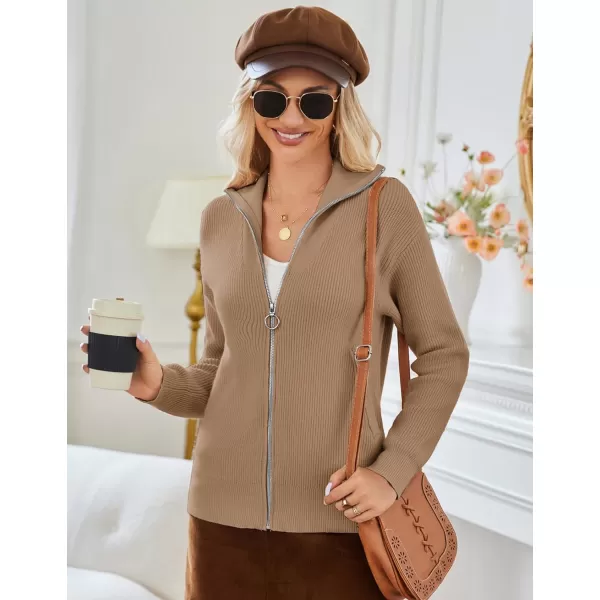 imageGRACE KARIN Womens 2024 Zip Up Cardigan Sweater Lapel Ribbed Knit Long Sleeve Sweater Jacket with Pockets Warm OutwearBrown