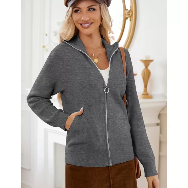 imageGRACE KARIN Womens 2024 Zip Up Cardigan Sweater Lapel Ribbed Knit Long Sleeve Sweater Jacket with Pockets Warm OutwearDark Grey