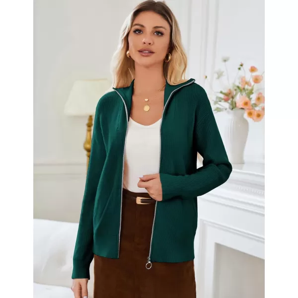 imageGRACE KARIN Womens 2024 Zip Up Cardigan Sweater Lapel Ribbed Knit Long Sleeve Sweater Jacket with Pockets Warm OutwearGreen