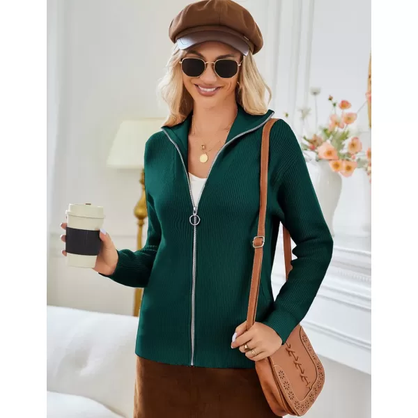 imageGRACE KARIN Womens 2024 Zip Up Cardigan Sweater Lapel Ribbed Knit Long Sleeve Sweater Jacket with Pockets Warm OutwearGreen