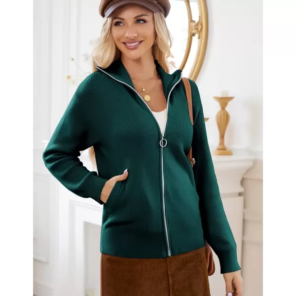 imageGRACE KARIN Womens 2024 Zip Up Cardigan Sweater Lapel Ribbed Knit Long Sleeve Sweater Jacket with Pockets Warm OutwearGreen